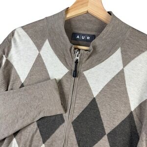 AUR Mens Argyle Full Zip Cotton Cardigan Sweater Brown Tan M old money Classic